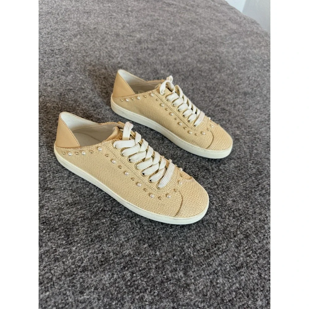 STUART WEITZMAN NATURAL/TAN VERSATILE EMBELLISHED PLATFORM SNEAKERS/MULES SZ‎ 7